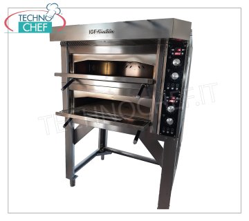 ELECTRIC PIZZA OVEN for 4 + 4 35 cm pizzas. - 2 independent rooms of 85x72 cm - OPPORTUNITY-SEMI-NEW Electric pizza oven, for 4 + 4 35 cm pizzas, Professional, 2 independent cooking chambers 85x72x17h cm, with refractory base - complete with hood and support stand, V. 380/3 + N - Kw 9, 6 - dim. cm 125x94x172h