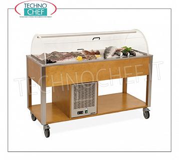 Refrigerated display stands Refrigerated display trolley in wood in the standard colors, with plexiglass dome, capacity 3 BOWLS Gastro-Norm 1/1 (excluded), temp. + 4 ° / + 10 ° C, static refrigeration, V.230 / 1, Kw. 0.36, dim.mm.1130x680x1200h