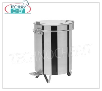Stainless steel waste bin on wheels, 75 liter capacity Round stainless steel waste bin on wheels, lid with pedal opening, 75 litres, weight 8 Kg, dim.mm.460x610x610h