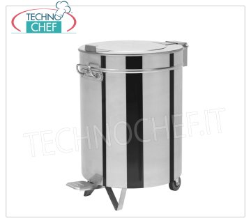 Stainless steel waste bin on wheels, 100 liter capacity Round stainless steel waste bin on wheels, lid with pedal opening, 100 liter capacity, weight 10 kg, dim.mm.460x610x690h