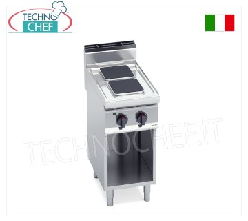TECHNOCHEF - 2 PLATE ELECTRIC COOKER on OPEN CABINET, 5.2 Kw, Mod. E7PQ2M ELECTRIC STOVE 2 PLATES on OPEN CABINET, BERTOS, MACROS 700 line, HIGH POWER Series, with 2 SQUARE plates measuring 220x220 mm, INDEPENDENT CONTROLS, 6 power levels, V.400/3+N, Kw.5.2, Weight 41 Kg, dim.mm.400x700x900h