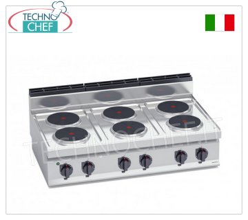 TECHNOCHEF - ELECTRIC COOKER 6 TOP PLATES, Kw.15.6, Mod.E7P6B ELECTRIC STOVE 6 TOP PLATES, BERTOS, MACROS 700 line, HIGH POWER series, with 6 ROUND plates Ø 220 mm, INDEPENDENT CONTROLS, 6 power levels, V.400/3+N, Kw.15.6 Weight 58 Kg, dim .mm.1200x700x290h