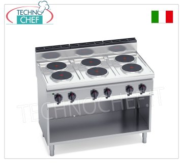 TECHNOCHEF - 6 PLATE ELECTRIC COOKER on OPEN CABINET, 15.6 Kw, Mod. E7P6M ELECTRIC STOVE 6 PLATES on OPEN CABINET, BERTOS, MACROS 700 line, HIGH POWER Series, with 6 ROUND plates Ø 220 mm, INDEPENDENT CONTROLS, 6 power levels, V.400/3+N, Kw.15.6 Weight 83 Kg, dim.mm.1200x700x900h