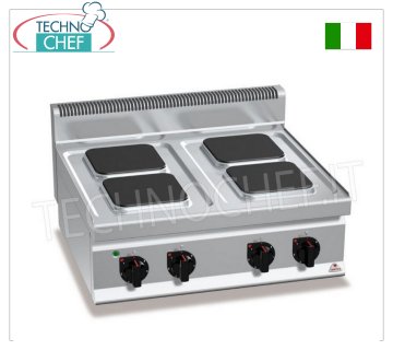 TECHNOCHEF - ELECTRIC COOKER 4 TOP PLATES, Kw.10.4, Mod.E7PQ4B ELECTRIC COOKER WITH 4 TOP PLATES, BERTOS, MACROS 700 line, HIGH POWER series, with 4 SQUARE plates measuring 220x220 mm, INDEPENDENT CONTROLS, 6 power levels, V.400/3+N, Kw.10.4, Weight 49 Kg, dim.mm.800x700x290h