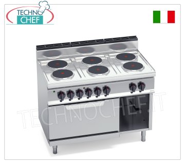 TECHNOCHEF - ELECTRIC COOKER 6 PLATES on GN 2/1 OVEN, Kw.23,1, Mod.E7P6+FE ELECTRIC COOKER 6 PLATES on ELECTRIC OVEN GN 2/1, BERTOS, MACROS 700 line, HIGH POWER Series, with 6 ROUND plates Ø 220 mm, INDEPENDENT CONTROLS, 6 power levels, V.400/3+N, Kw.23, 1, weight 129 kg, dim.mm.1200x700x900h