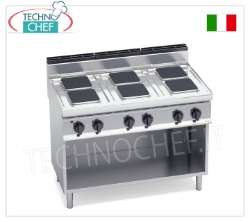 TECHNOCHEF - 6 PLATE ELECTRIC COOKER on OPEN CABINET, 15.6 Kw, Mod. E7PQ6M ELECTRIC STOVE 6 PLATES on OPEN CABINET, BERTOS, MACROS 700 line, HIGH POWER Series, with 6 SQUARE plates measuring 220x220 mm, INDEPENDENT CONTROLS, 6 power levels, V.400/3+N, Kw.15.6 Weight 95 Kg, dim.mm.1200x700x900h