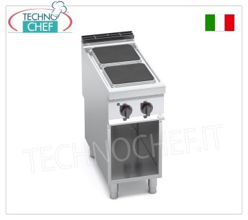 TECHNOCHEF - 2 PLATE ELECTRIC COOKER on OPEN CABINET, mod. E9PQ2M ELECTRIC STOVE 2 PLATES on OPEN CABINET, BERTOS MAXIMA 900 line, HIGH POWER Series, with 2 SQUARE plates measuring 300x300 mm, INDEPENDENT CONTROLS, 6 power levels, V.400/3+N, Kw 7.00, Weight 56 ​​Kg , dim.mm.400x900x900h