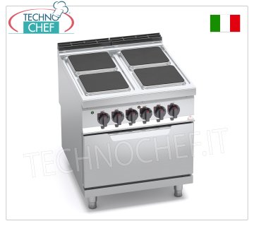 TECHNOCHEF - 4 PLATE ELECTRIC COOKER on GN 2/1 ELECTRIC OVEN, mod. E9PQ4+FE ELECTRIC COOKER 4 PLATES on ELECTRIC OVEN GN 2/1, BERTOS MAXIMA 900 line, HIGH POWER Series, with 4 SQUARE plates measuring 300x300 mm, INDEPENDENT CONTROLS, 6 power levels, V.400/3+N, Tot. Kw 21, 5, weight 138 kg, dim.mm.800x900x900h