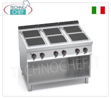 TECHNOCHEF - 6 PLATE ELECTRIC COOKER on OPEN CABINET, mod. E9PQ6M ELECTRIC STOVE 6 PLATES on OPEN CABINET, BERTOS MAXIMA 900 line, HIGH POWER Series, with 6 SQUARE plates measuring 300x300 mm, INDEPENDENT CONTROLS, 6 power levels, V.400/3+N, Kw 21.00, Weight 136 Kg , dim.mm.1200x900x900h