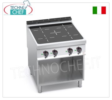 TECHNOCHEF - 4-ZONE INDUCTION ELECTRIC COOKER on OPEN CABINET, mod. E9P4M/IND 4-ZONE INDUCTION ELECTRIC COOKER on OPEN CABINET, BERTOS MAXIMA 900 line, POWER INDUCTION Series, with 4 SQUARE ZONES measuring 270x270 mm, INDEPENDENT CONTROLS, 9 power levels, V.400/3+N, Kw.20.00, Weight 85 Kg, dim.mm.800x900x900h