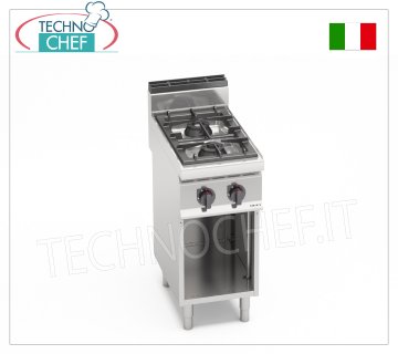 TECHNOCHEF - GAS STOVE 2 BURNERS on OPEN CABINET, Kw.10,5, Mod.G7F2M GAS STOVE 2 BURNERS on OPEN CABINET, BERTO'S, MACROS 700 Line, HIGH POWER Series, thermal power Kw.10,5, Weight 38 Kg, dim.mm.400x700x900h