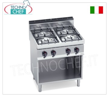 TECHNOCHEF - 4 BURNERS GAS STOVE on OPEN CABINET, Kw.21,5, Mod.G7F4MPW GAS STOVE 4 BURNERS on OPEN CABINET, BERTO'S, MACROS 700 Line, ECO POWER Series, thermal power Kw.21,5, Weight 52 Kg, dim.mm.800x700x900h