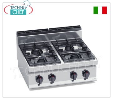 TECHNOCHEF - GAS STOVE 4 BURNERS TOP, Kw.28, Mod.G7F4BP GAS STOVE 4 BURNERS TOP, BERTO'S, MACROS 700 line, MAX POWER series, thermal power Kw.28,00, Weight 51 Kg, dim.mm.400x700x290h