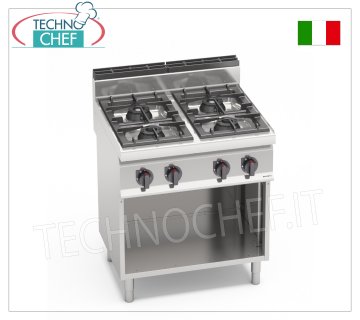 TECHNOCHEF - GAS STOVE 4 BURNERS on OPEN CABINET, Kw.21,00, Mod.G7F4M GAS STOVE 4 BURNERS on OPEN CABINET, BERTO'S, MACROS 700 Line, HIGH POWER Series, thermal power Kw.21,00, Weight 65 Kg, dim.mm.800x700x900h