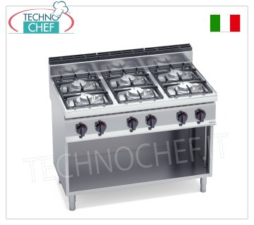 TECHNOCHEF - GAS STOVE 6 BURNERS on OPEN CABINET, Kw.33,5, Mod.G7F6MPW GAS STOVE 6 BURNERS on OPEN CABINET, BERTO'S, MACROS 700 Line, ECO POWER Series, thermal power Kw.33,5, Weight 90 Kg, dim.mm.1200x700x900h