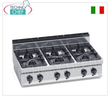 TECHNOCHEF - GAS STOVE 6 BURNERS TOP, Kw.42, Mod.G7F6BP GAS STOVE 6 BURNERS TOP, BERTO'S, MACROS 700 line, MAX POWER series, thermal power Kw.42,00, Weight 67 Kg, dim.mm.1200x700x290h