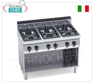 TECHNOCHEF - GAS STOVE 6 BURNERS on OPEN CABINET, Kw.31,5, Mod.G7F6M GAS STOVE 6 BURNERS on OPEN CABINET, BERTO'S, MACROS 700 Line, HIGH POWER Series, thermal power Kw.31,5, Weight 78 Kg, dim.mm.1200x700x900h