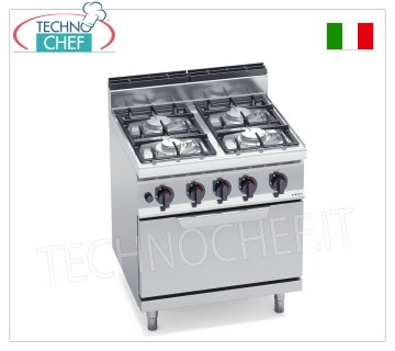 TECHNOCHEF - GAS COOKER 4 BURNERS on GAS OVEN GN 2/1, Kw.29,3, Mod.G7F4PW+FG GAS RANGE 4 BURNERS on GN 2/1 GAS OVEN, BERTO'S, MACROS 700 line, ECO POWER series, total heat output. Kw 29.3, Weight 80 Kg, dim.mm.800x700x900h