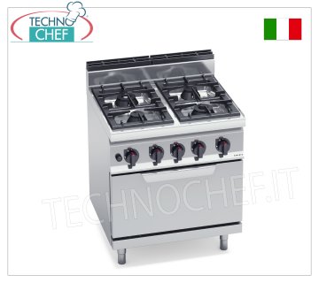 TECHNOCHEF - GAS COOKER 4 BURNERS on GAS OVEN GN 2/1, Kw.28,8, Mod.G7F4+FG GAS COOKER 4 BURNERS on GN 2/1 GAS OVEN, BERTOS, MACROS 700 line, HIGH POWER series, total thermal power Kw.28.8, Weight 102 Kg, dim.mm.800x700x900h