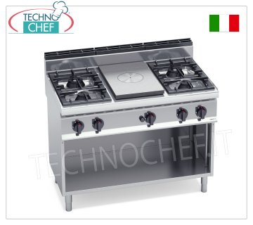 TECHNOCHEF - COMBINED KITCHEN with HOB and 4 BURNERS on OPEN CABINET, Kw.28,00, Mod.G7T4P4FM COMBINED KITCHEN with GAS HOB and 4 BURNERS on OPEN CABINET, BERTOS, MACROS 700 Line, HIGH POWER Series, thermal power 28.00 kW, weight 110 Kg, dim.mm.1200x700x900h