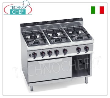 TECHNOCHEF - GAS COOKER 6 BURNERS on GAS OVEN GN 2/1, Kw.39,3, Mod.G7F6+FG GAS COOKER 6 BURNERS on GN 2/1 GAS OVEN, BERTOS, MACROS 700 line, HIGH POWER series, total heat output. Kw 39.3, Weight 126 Kg, dim.mm.1200x700x900h