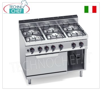 TECHNOCHEF - GAS COOKER 6 BURNERS on GAS OVEN GN 2/1, Kw.41,3, Mod.G7F6PW+FG GAS STOVE 6 BURNERS on GN 2/1 GAS OVEN, BERTO'S, MACROS 700 line, ECO POWER series, total heat output. Kw 41.3, Weight 112 Kg, dim.mm.1200x700x900h