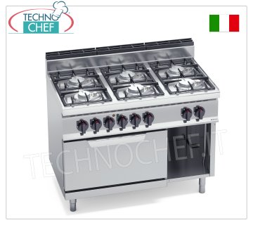 TECHNOCHEF - GAS COOKER 6 BURNERS on ELECTRIC OVEN GN 2/1, Kw.33,5+7,5, Mod.G7F6PW+FE GAS COOKER 6 BURNERS on ELECTRIC OVEN GN 2/1, BERTO'S, MACROS 700 line, ECO POWER series, thermal power Kw.33,5 + electric power Kw 7,5, Weight 112 Kg, dim.mm.1200x700x900h