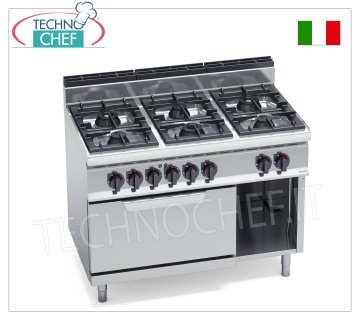 TECHNOCHEF - GAS COOKER 6 BURNERS on ELECTRIC OVEN GN 2/1, Kw.31,5+7,5, Mod.G7F6+FE GAS COOKER 6 BURNERS on ELECTRIC OVEN GN 2/1, BERTOS, MACROS 700 line, HIGH POWER series, thermal power 31.5 kW + electrical power 7.5 kW, weight 126 kg, dim.mm.1200x700x900h
