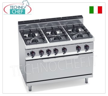 TECHNOCHEF - GAS COOKER 6 BURNERS on GAS OVEN, Kw.43,5, Mod.G7F6+T GAS COOKER 6 BURNERS on GAS OVEN, BERTOS, MACROS 700 line, HIGH POWER series, total heat output. Kw 43.5, Weight 140 Kg, dim.mm.1200x700x900h
