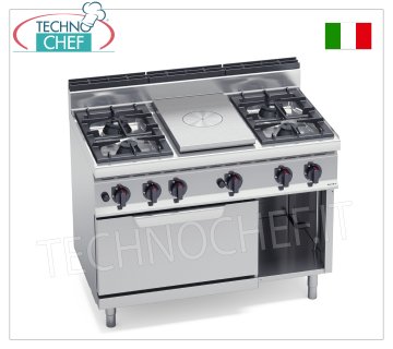 TECHNOCHEF - COMBINED KITCHEN with HOB and 4 BURNERS on GAS OVEN GN 2/1, Kw.35,8, Mod.G7T4P4F+FG COMBINED KITCHEN with GAS HOB and 4 BURNERS on GN 2/1 GAS OVEN, BERTOS, MACROS 700 Line, HIGH POWER Series, total thermal power 35.8 kW, weight 146, dim.mm.1200x700x900h