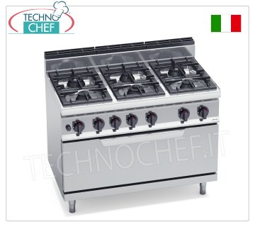 TECHNOCHEF - GAS COOKER 6 BURNERS on GAS OVEN, Kw.54, Mod.G7F6P+T GAS COOKER 6 BURNERS on GAS OVEN, BERTOS, MACROS 700 line, MAX POWER series, total heat output. Kw 54.00, Weight 140 Kg, dim.mm.1200x700x900h