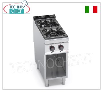 TECHNOCHEF - 2 BURNERS GAS COOKER on OPEN CABINET, mod. G9F2M GAS STOVE 2 BURNERS on OPEN CABINET, BERTOS MAXIMA 900 line, HIGH POWER Series, thermal power Kw.19,00, Weight 59 Kg, dim.mm.400x900x900h
