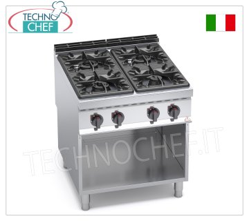 TECHNOCHEF - 4 BURNERS GAS COOKER on OPEN CABINET, mod. G9F4M GAS STOVE 4 BURNERS on OPEN CABINET, BERTOS MAXIMA 900 line, HIGH POWER Series, thermal power Kw.34,5, Weight 104 Kg, dim.mm.800x900x900h