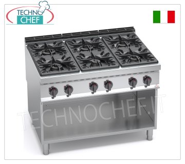 TECHNOCHEF - 6 BURNERS GAS COOKER on OPEN CABINET, mod. G9F6M GAS STOVE 6 BURNERS on OPEN CABINET, BERTOS MAXIMA 900 line, HIGH POWER Series, thermal power Kw.53,5, Weight 140 Kg, dim.mm.1200x900x900h