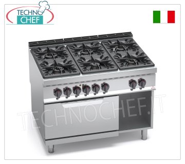 TECHNOCHEF - GAS COOKER 6 BURNERS on ELECTRIC OVEN GN 2/1, Kw.53.5+7.5, mod. G9F6+FE GAS COOKER 6 BURNERS on ELECTRIC OVEN GN 2/1, BERTOS MAXIMA 900 line, HIGH POWER series, thermal power 53.5 kW + 7.5 kW, weight 210 kg, dim.mm.1200x900x900h