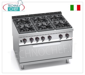 TECHNOCHEF - GAS COOKER 6 BURNERS on GAS OVEN, mod. G9F6+T GAS STOVE 6 BURNERS on GAS OVEN, BERTOS MAXIMA 900 line, HIGH POWER series, total heat output. Kw.65.5, Weight 226 Kg, dim.mm.1200x900x900h