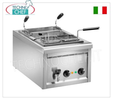 COUNTERTOP ELECTRIC PASTA COOKER in STAINLESS STEEL Electric countertop pasta cooker in stainless steel, complete with 1 basket measuring 275x150x200h mm + 2 baskets measuring 125x125x200h mm, thermostat from 0° to 110°C, V.230/1, Kw.3.2, Weight 15 Kg, dim.mm .400x700x340h