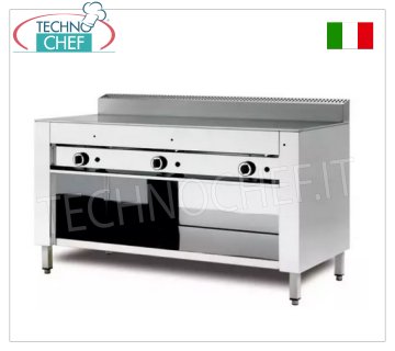 Gas piadina cooker with STEEL PLATE, version with open compartment Gas piadina cooker, version with open compartment, 600x600 steel plate for 4 piadinas, thermal power 6.7 kw, dim. external mm 650x730x960h