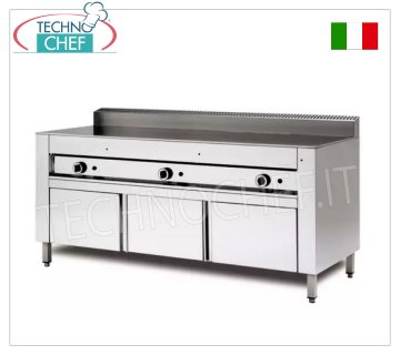 GAS flatbread cooker with STEEL COOKING PLATE, version with cabinet base Gas piadina cooker version on cabinet base, with 600x600 STEEL PLATE for 4 piadinas, thermal power 6.7 kw, dim. external mm 650x730x960h