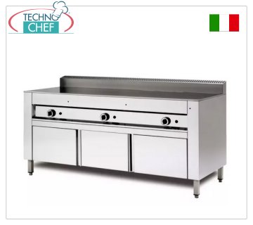 GAS flatbread cooker with SATIN CHROME COOKING PLATE, version with cabinet base Gas piadina cooker, version with cabinet support, with 600x600 SATIN CHROME plate for 4 piadinas, thermal power 6.7 kw, dim. external mm 650x730x960h