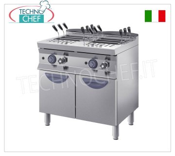 GAS PASTA COOKER on MOBILE, 700 line, 2 INDEPENDENT BOWLS of 28+28 lt. GAS pasta cooker, 700 line, 2 independent tanks of 28+28 litres, thermal power Kw.19.6, weight Kg.80, dim.mm.800x700x900h