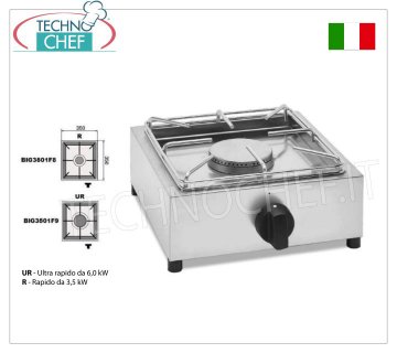 Technochef - Professional table gas stove, 1 burner TABLE GAS STOVE with 1 PROFESSIONAL STAINLESS STEEL BURNER running on universal gas, with 1 RAPID BURNER of 3.5 kw, weight 5.9 kg, dimensions 350x350x170h mm
