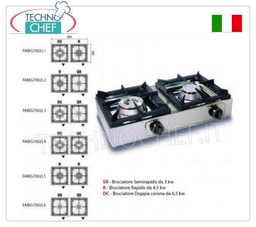Professional table top gas stove, 2 burners GAS TABLE STOVE with 2 PROFESSIONAL STAINLESS STEEL BURNERS operating on universal gas, with 1 DOUBLE CROWN BURNER of 6.50 kw and 1 RAPID BURNER of 4.50 kw, dimensions 660x350x170h mm