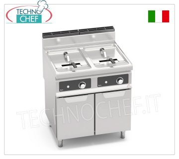 TECHNOCHEF - GAS FRYER on MOBILE, 2 tanks of 18+18 litres, Mod.GL18+18MI-BF GAS FRYER on MOBILE, BERTOS, MACROS 700 line, INDIRECT GAS FRY Series, 2 independent tanks of 18+18 litres, external burners, BFLEX electronic controls, thermal power Kw.28.00, Weight 63 Kg, dim.mm. 800x700x900h