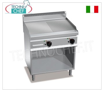 GAS GRIDDLE, MULTIPAN GRIDDLE 1/2 RIBBED and 1/2 SMOOTH, on CABINET, mod.G7FM8M-2 GAS GRIDDLE with 1/2 SMOOTH and 1/2 RIBBED PLATE, BERTOS, MACROS 700 line, MULTIPAN series, DOUBLE module on OPEN CABINET with 795x500 mm COOKING AREA, INDEPENDENT CONTROLS, thermal power Kw.13.8, Weight 88 Kg, dim.mm.800x700x900h