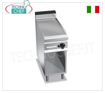 GAS GRIDDLE with MULTIPAN RIBBED PLATE, on CABINET, mod. G9FR4M GAS GRIDDLE with RIBBED PLATE, BERTOS MAXIMA 900 line, MULTIPAN series, 1 module on OPEN CABINET with 396x667 mm COOKING AREA, 10.00 kW thermal power, 66 Kg weight, dim.400x900x900hmm