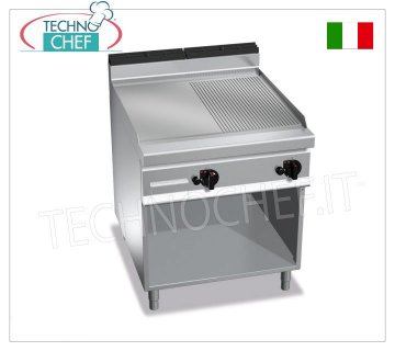 GAS GRIDDLE, MULTIPAN PLATE 1/2 RIBBED and 1/2 SMOOTH, mod.G9FM8M-2 GAS GRIDDLE with 1/2 SMOOTH and 1/2 RIBBED PLATE, BERTO'S, MAXIMA 900 line, MULTIPAN series, DOUBLE module on OPEN CABINET with 796x667 mm COOKING AREA, INDEPENDENT CONTROLS, thermal power Kw.20,00, Weight 111 Kg, dim.mm.800x900x900h