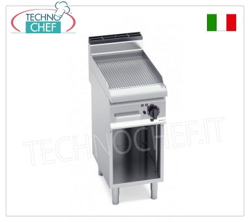 ELECTRIC GRIDDLE with MULTIPAN RIBBED PLATE on OPEN CABINET, Mod.E7FR4MP ELECTRIC GRIDDLE with RIBBED PLATE, BERTOS, MACROS 700 Line, POWERED MULTIPAN Series, 1 module on OPEN CABINET with 395x500 mm COOKING AREA, V.400/3+N, 4.8 Kw, Weight 48 Kg, dim. mm.400x700x900h