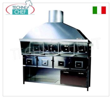ROMAGNA GRILL - Romagna charcoal grill/cooker with 4 braziers Romagna charcoal grill with 4 braziers, complete with extractor hood with relative motor, stainless steel base support and wooden cage, V. 380/3, Kw.0.55, Weight 230 Kg, dim.mm.2150x850x2410h.