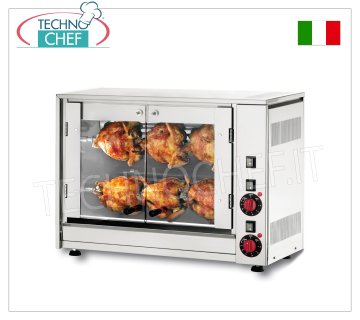 ELECTRIC ROTISSERIE with 2 overlapping RODS for 6 CHICKENS ELECTRIC STAINLESS STEEL countertop ROTISSERIE with 2 overlapping single RODS movement for 6 CHICKENS, equipped with 550 mm long internal light, weight 31 kg, V.230/1. 2.8 kw, dimensions 700x360x450h mm